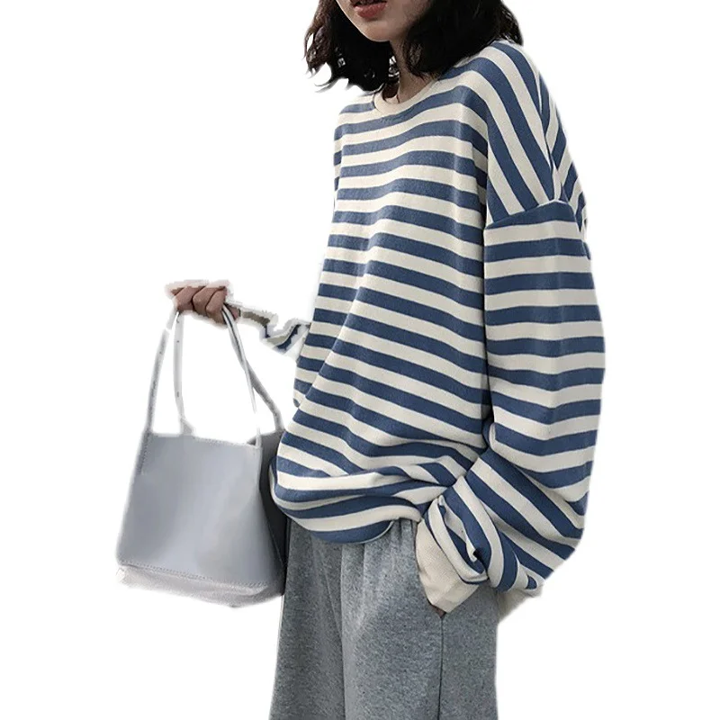 Brownm Brownm 2024 New Korean Women's Striped Long-Sleeved T-Shirt Female Top Students Thin Loose Round Collar Hoodie Women
