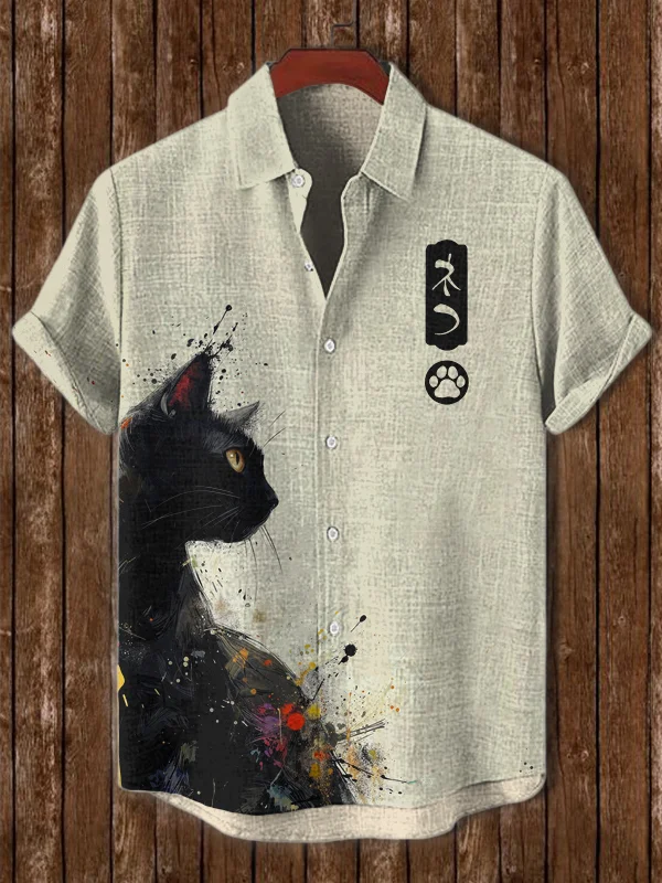 Men's Japanese Art Ink Painting Cat Print Short Sleeve Shirt