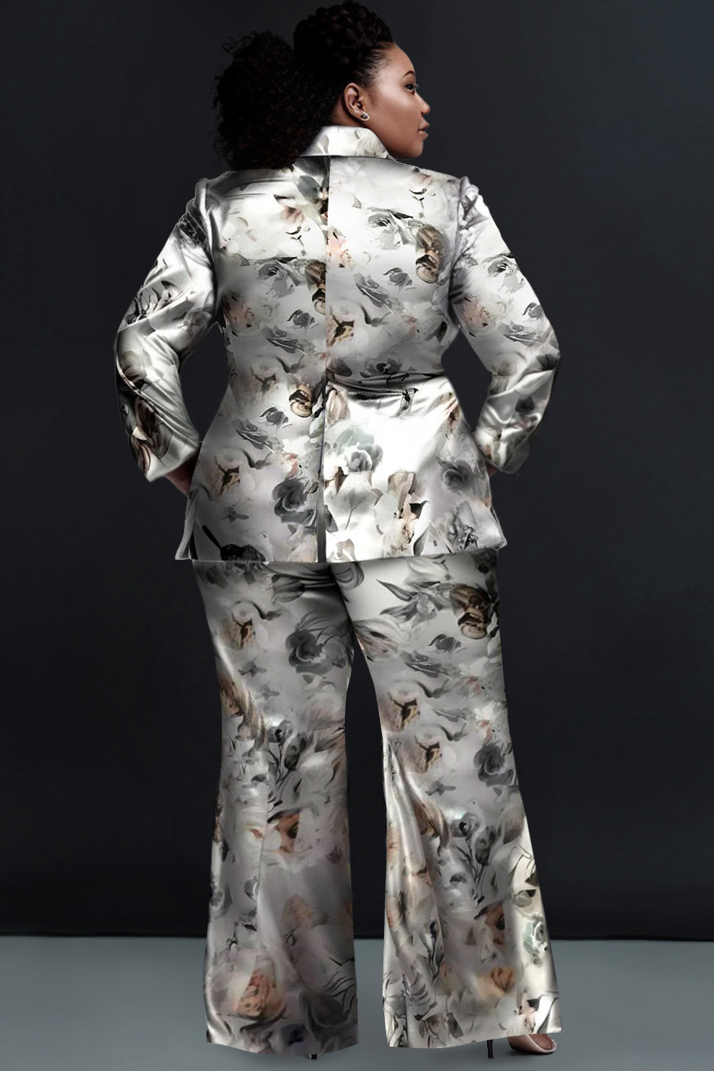 Design Plus Size Business Casual Pant Sets Silver Floral Spring Summer Turndown Collar Long Sleeve Satin Blazer Suit Two Piece Pant Sets [Pre-Order]