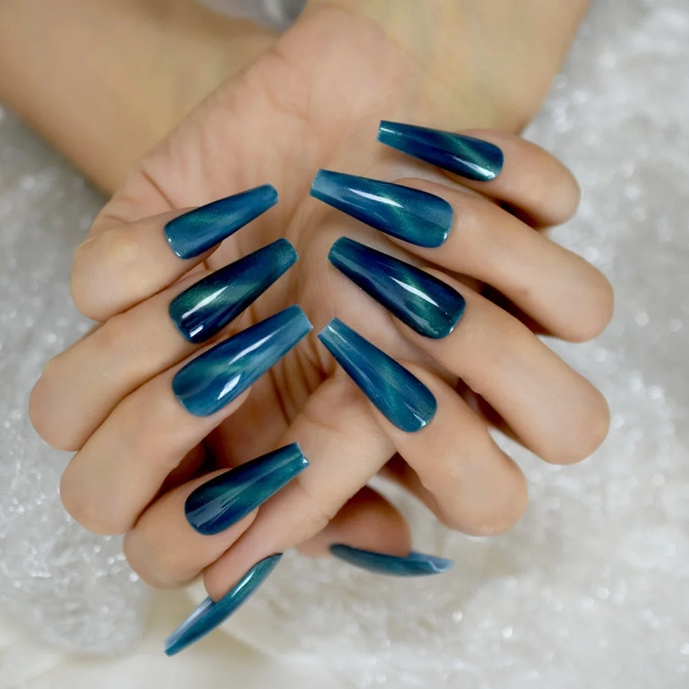 Ancient Blue Ballerina Fake Nails Hand Made Extra Long Tapered Cat Eye Pattern Hand painted Thick Galaxry Press On Nail 20 CT-Nail Inspo