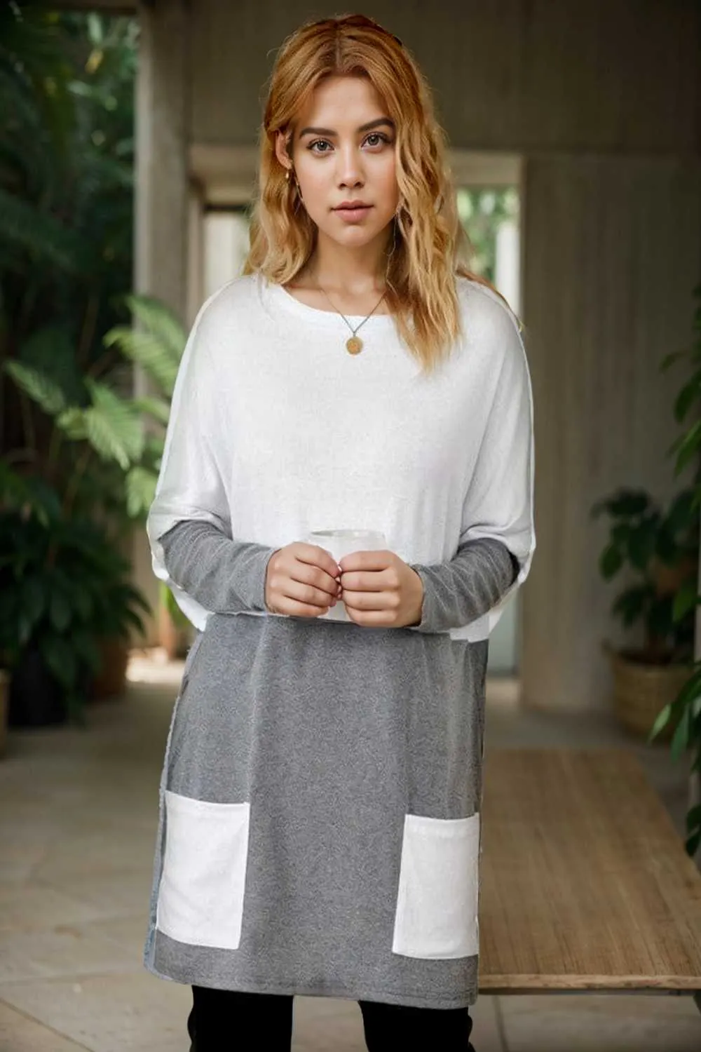 two color stitching pocket loose long sleeve t shirt