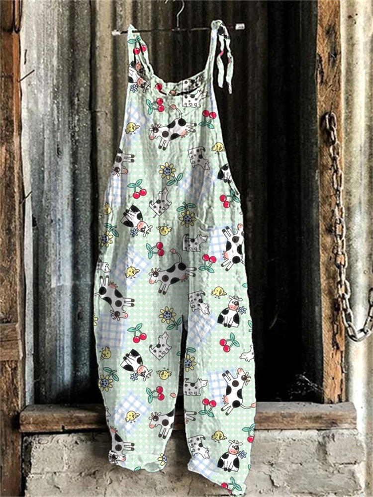 Comstylish Women's Farm Animals Print Linen Blend Casual Jumpsuit