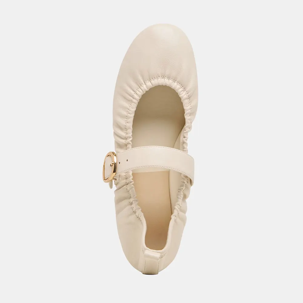 Ivory Faux Leather Round Toe Buckle Strap Flat Shoes for Women