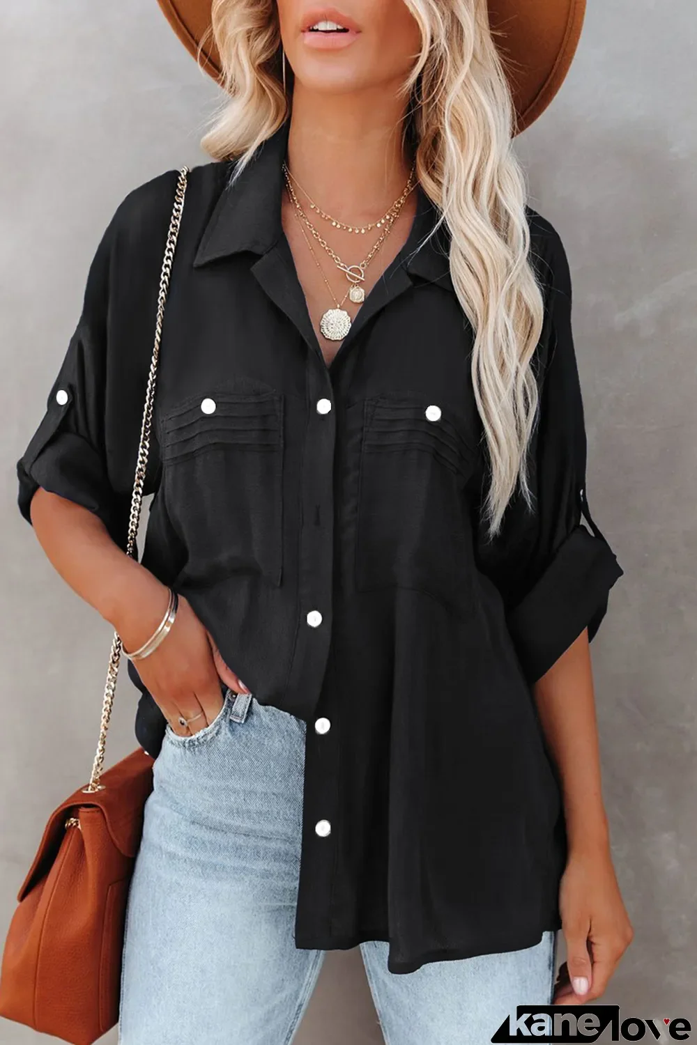 Black Solid Pocket Long Sleeve Button-up Shirt