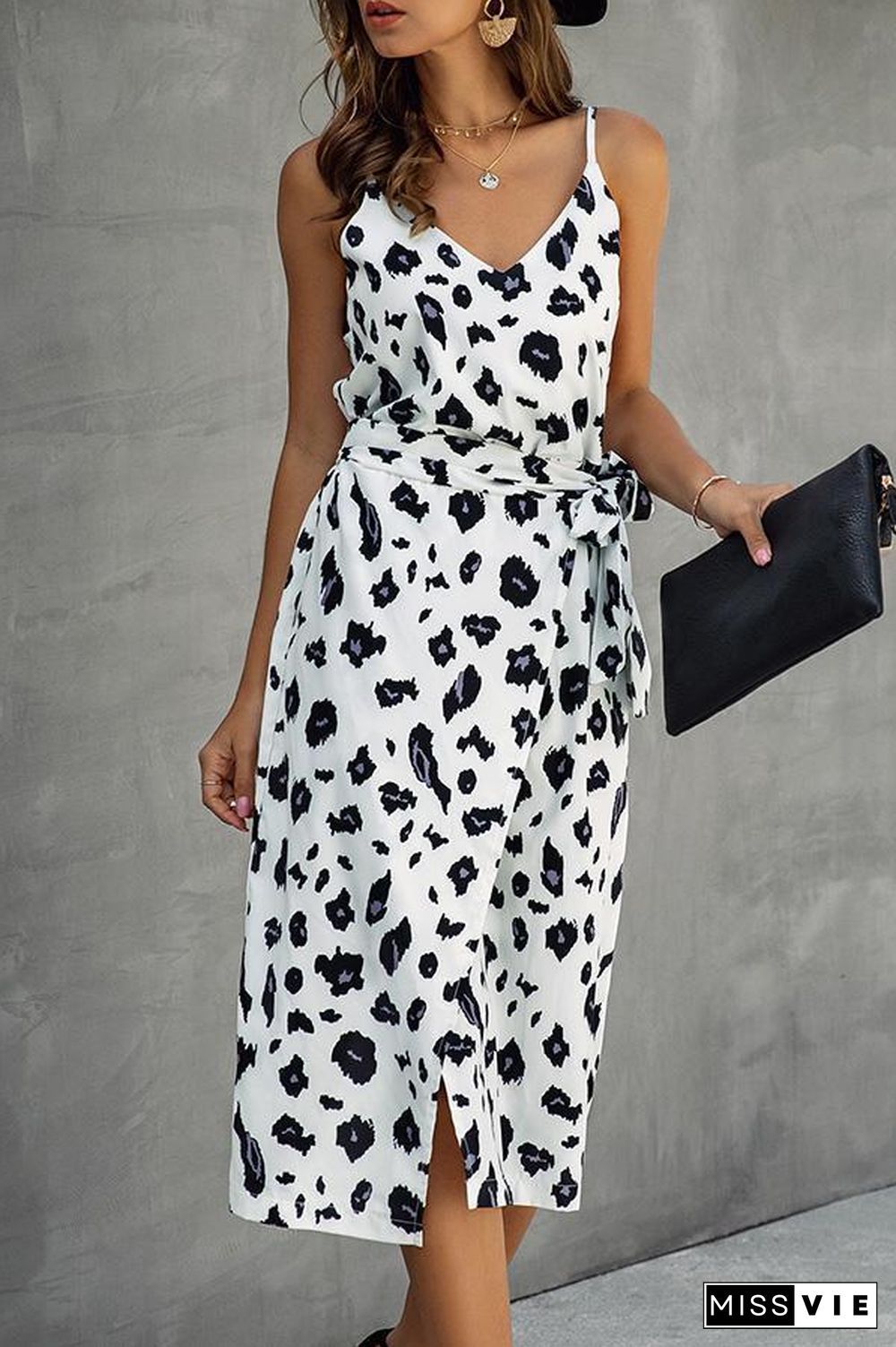 Fashionable Leopard-print Strapped Backless Midi Dress P11759