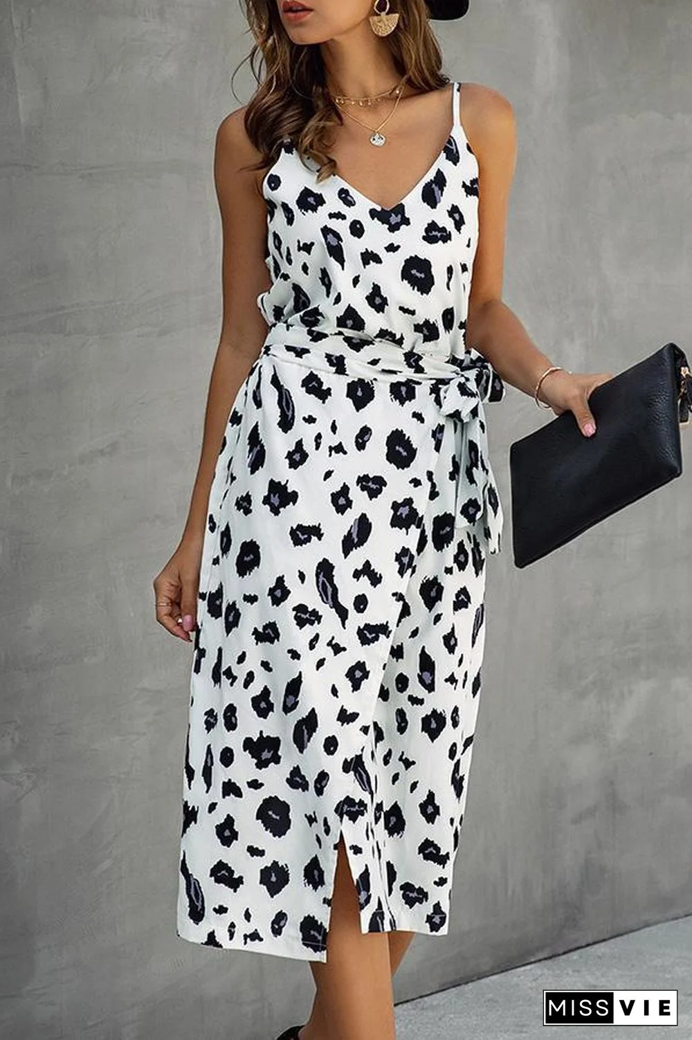 Fashionable Leopard-print Strapped Backless Midi Dress P11759