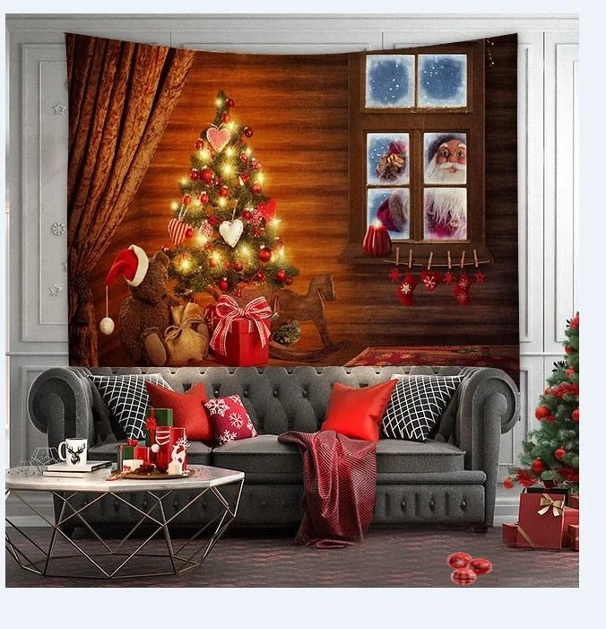 Christmas Tree Print Tapestry Wall Hanging Background Cloth Decor Red Santa Claus Polyester Tapestry Home Room Wall Decoration