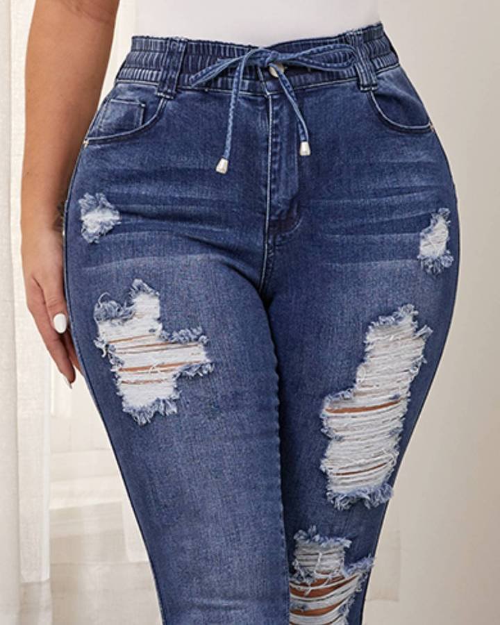 Drawstring Waist Ripped Skinny Jeans🔥[Buy 2 Free Shipping ]