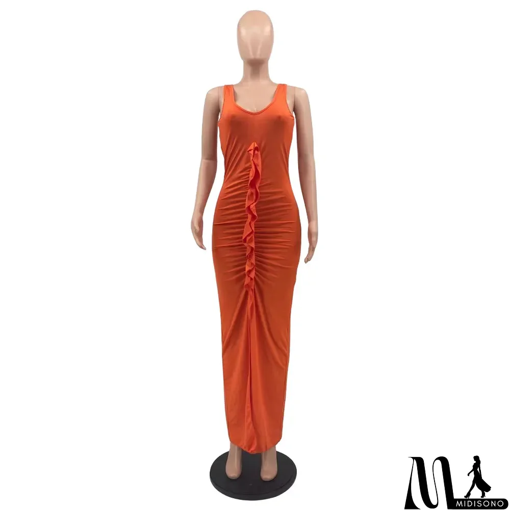 MidiSono - Solid Sleeveless V Neck Ruffled Split Maxi Dress