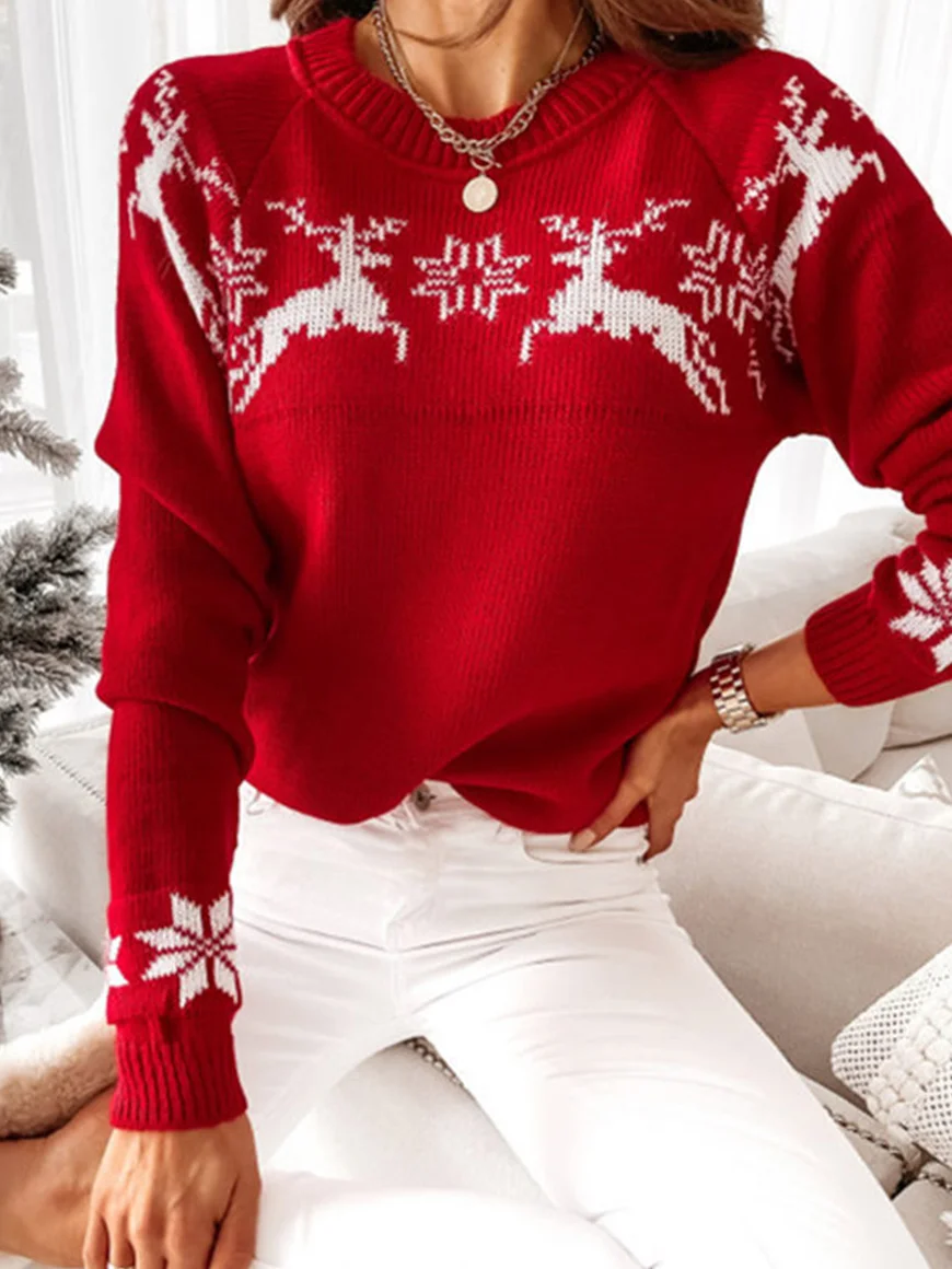 Christmas Contrast Color Round Neck Casual Sweaters - vzzhome