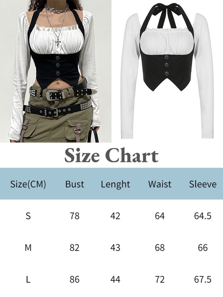 Jacqueline 2022 Y2K Korean Retro Fairy Grunge Tee Button Ruched Crop Top Long Sleeve Harajuku Sweet Cute Kawaii T Shirt Women
