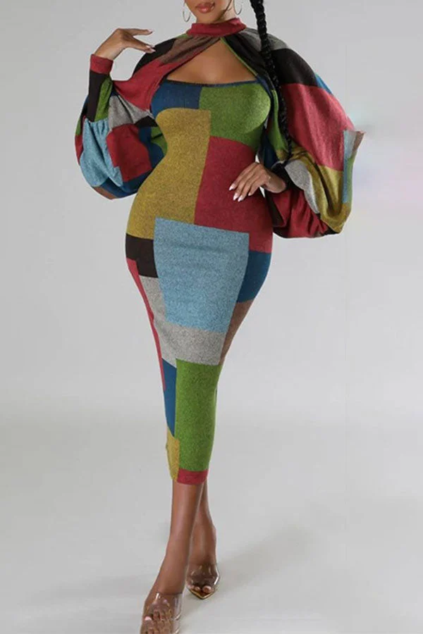 Patchwork Color Block Flattering Midi Dress