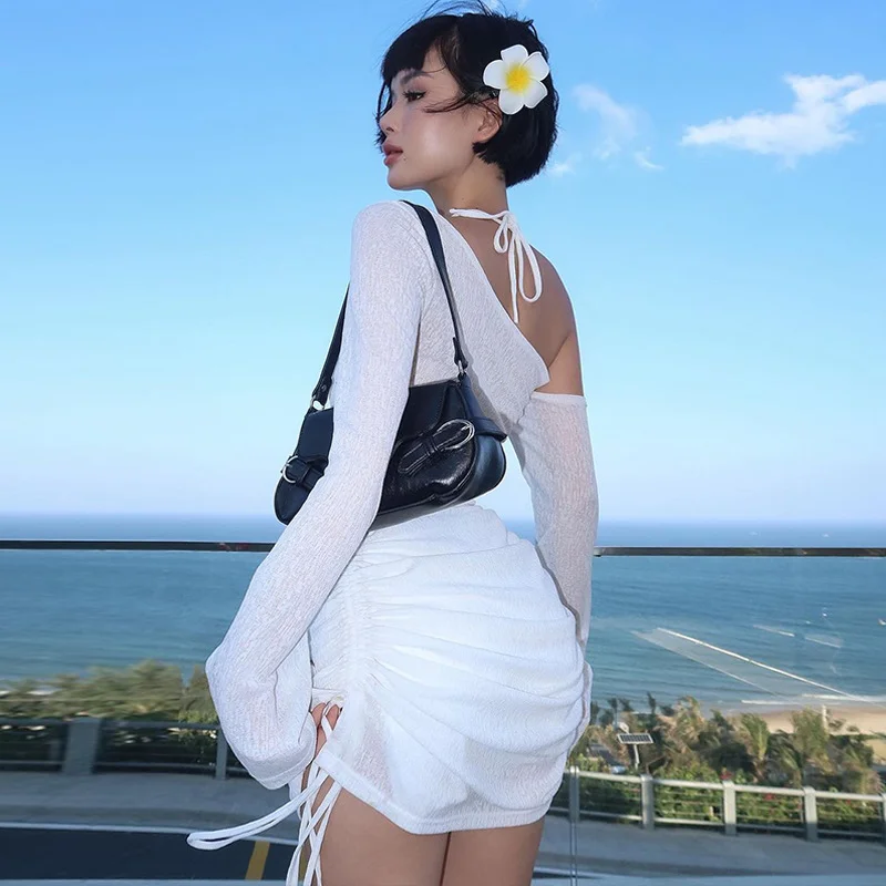 Uveng Uveng Spring And Summer New Sexy Fashion Wrinkle Hood Perspective Diagonal Collar Seaside Beach Dress