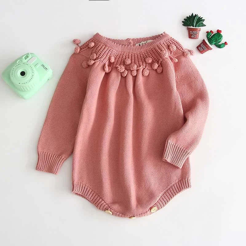 Baby Girls Knitted Bodysuit 2021 Spring Infant Newborn Long Sleeve Solid Ruffled Jumpsuit Outfit Set Baby Spring Autumn Clothing