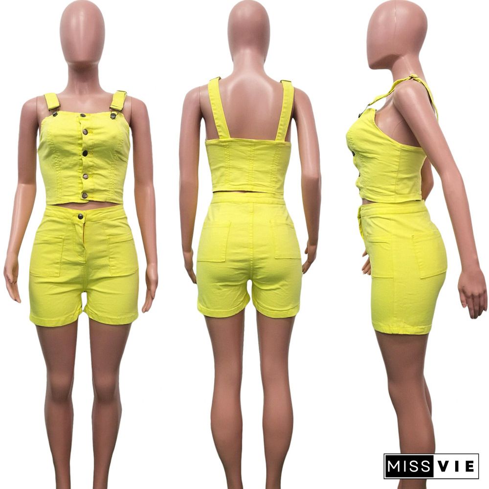 Sleeveless Crop Top and Shorts Denim Matching Set