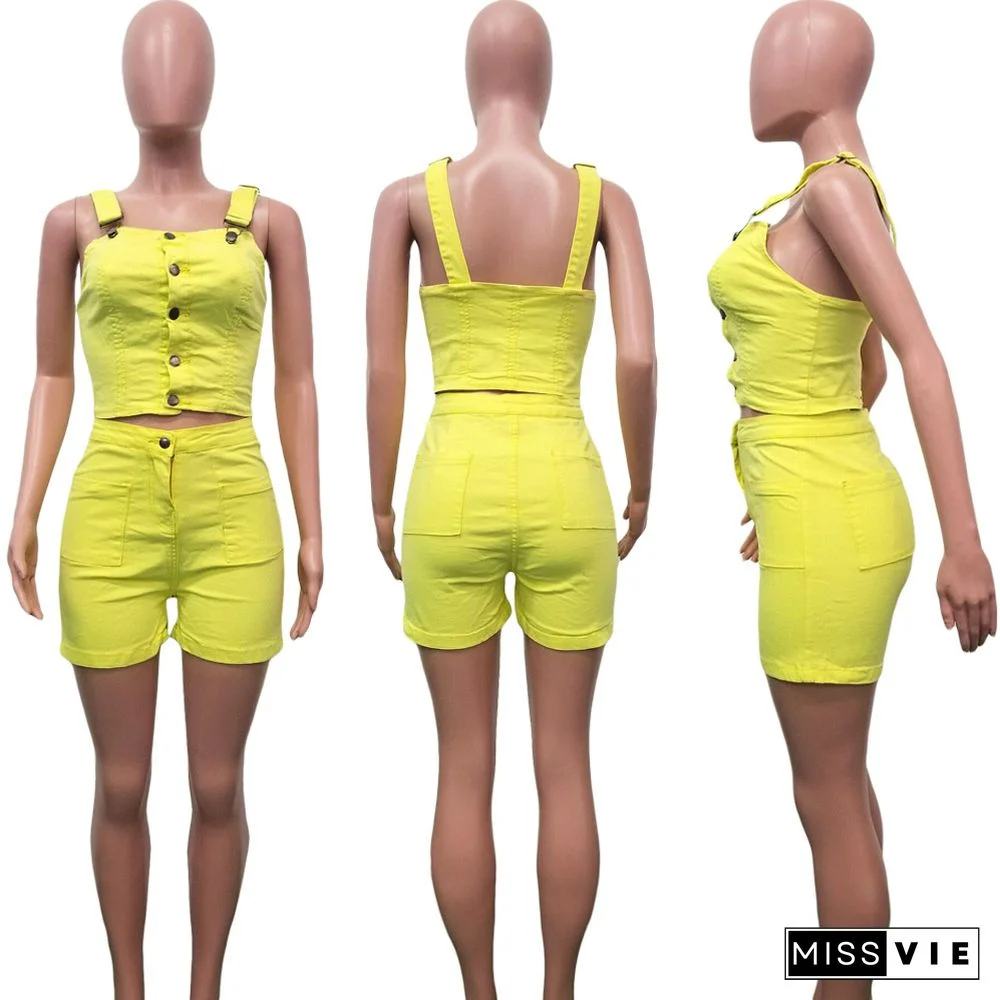 Sleeveless Crop Top and Shorts Denim Matching Set