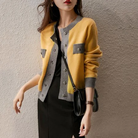 Yellow Solid Shift Crew Neck Long Sleeve Cardigan QueenFunky