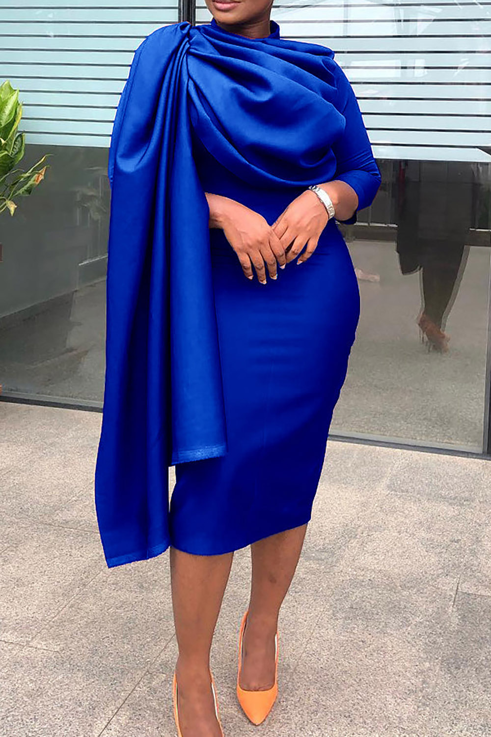 Plus Size Semi Formal Midi Dresses Elegant Royal Blue Fall Winter Mock Neck 3/4 Sleeve Satin Midi Dresses