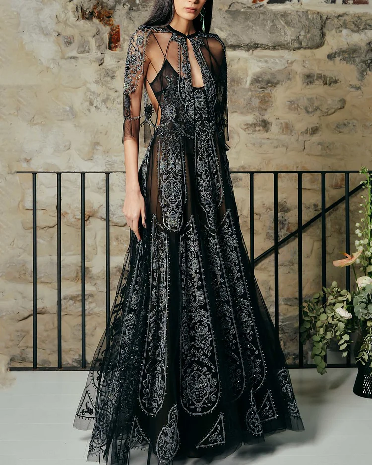 Women's Black Tulle Shawl Lace Pattern Dress
