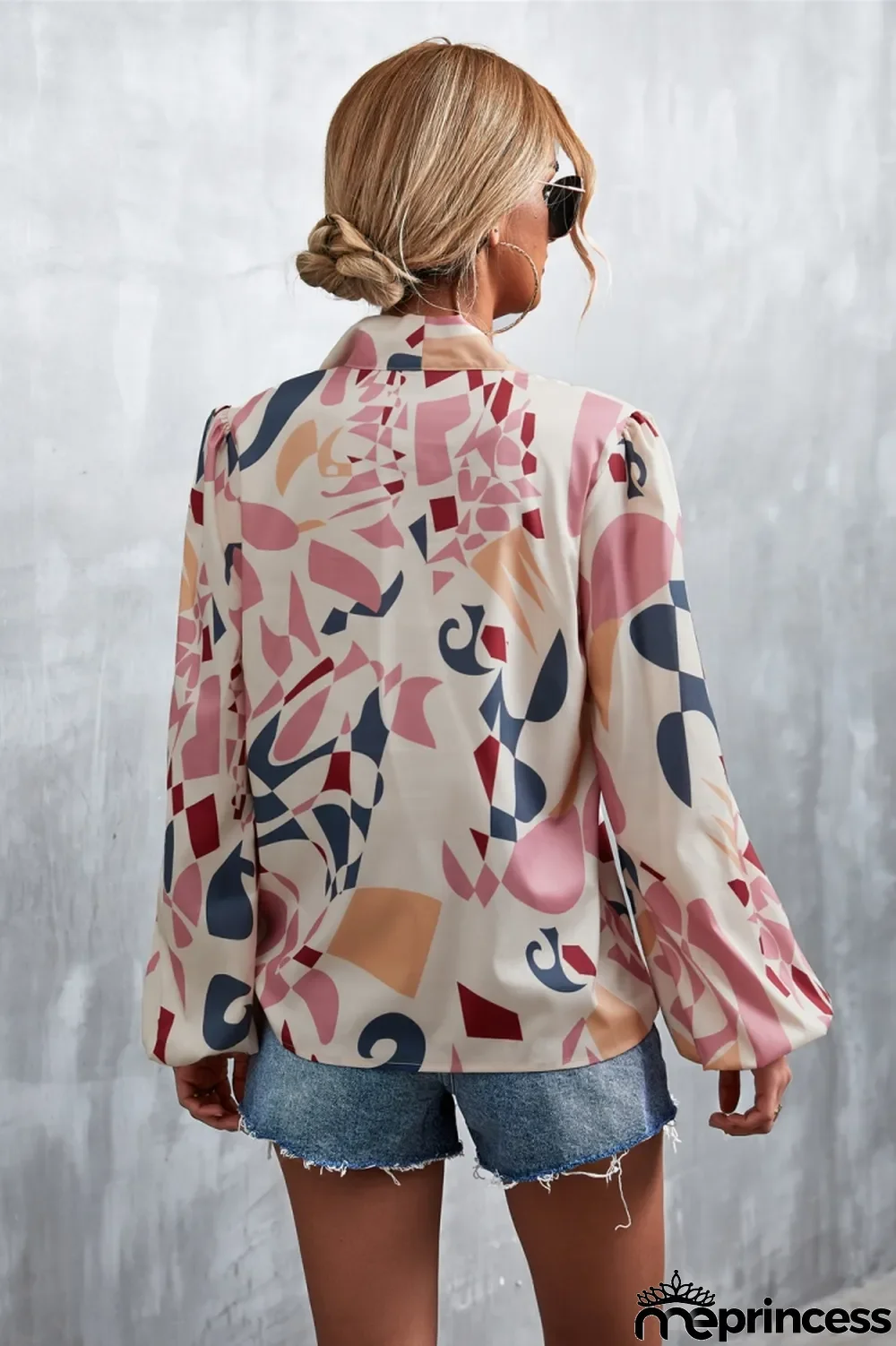 Women Spring Pink Modest V-neck Lantern Sleeve Geometric Print Chiffon Bow Regular Blouse