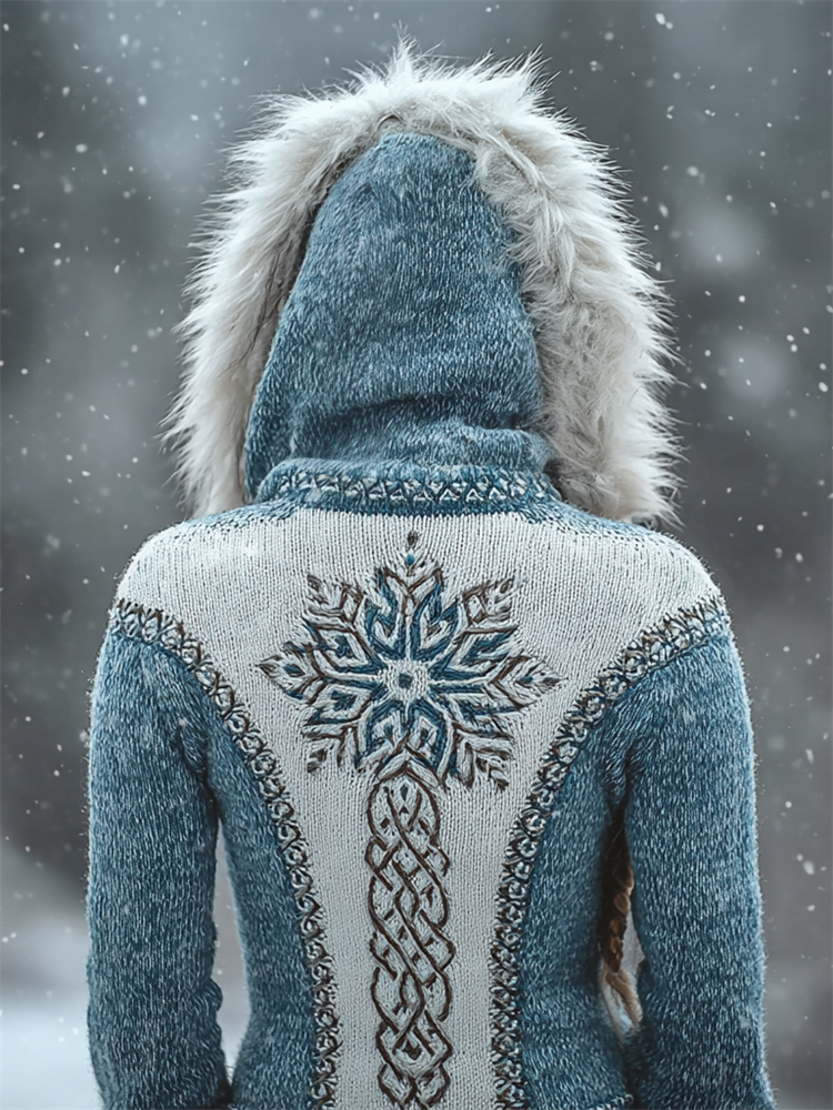 Vintage Snowflake Viking Celtic Fur Trim Hooded Sweater elevenforest