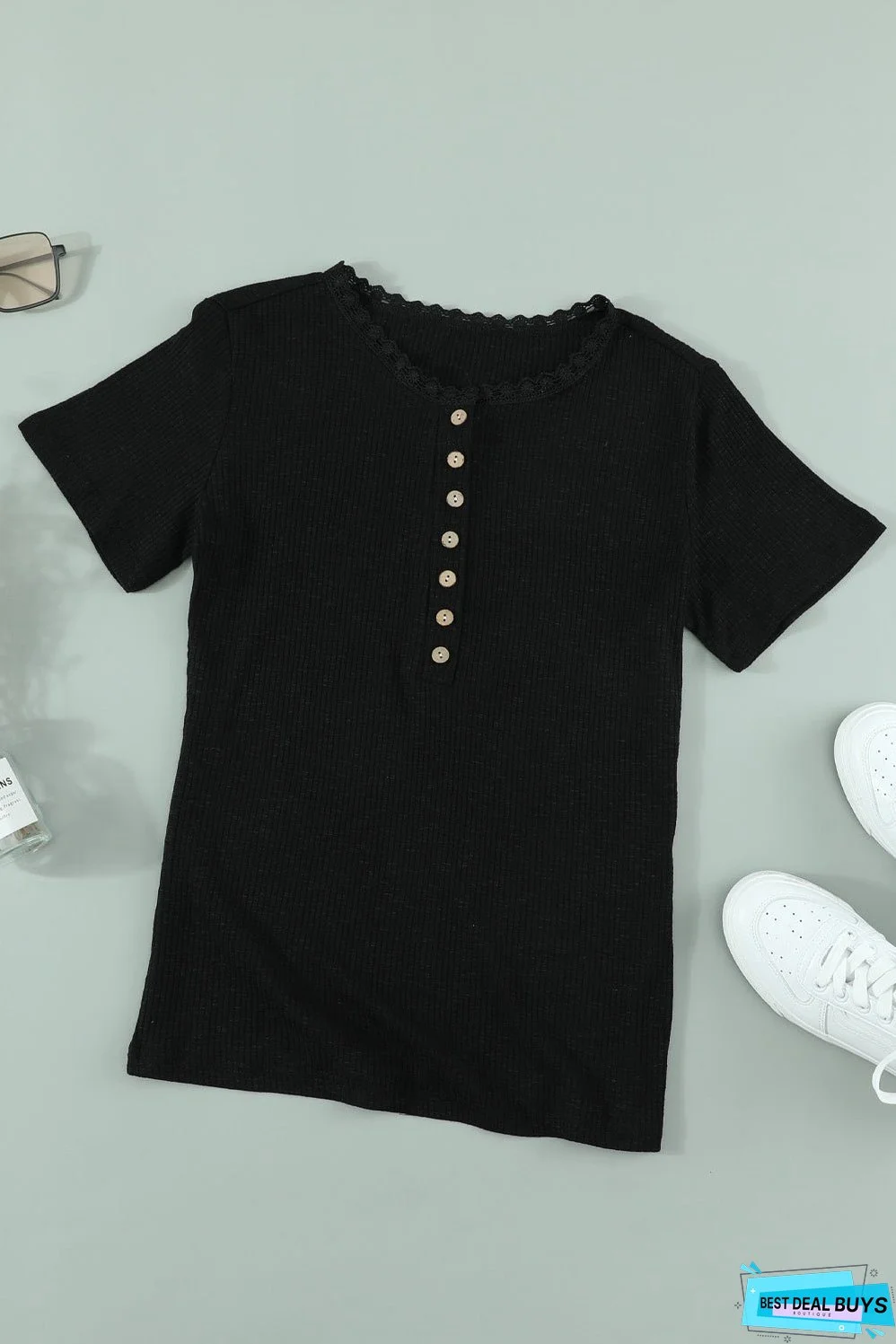 Black Crew Neck Buttoned Ribbed Knit Short Sleeve Top