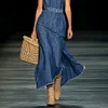  Denim Off-Shoulder Maxi Dress with Embellished Flower and Woven Bag by Inlyline