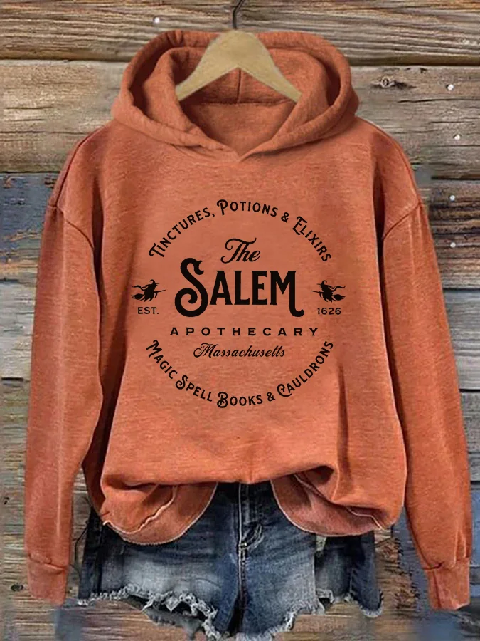 Comstylish Women's Salem Massachusetts Happy Halloween Witch Printed Round Neck Long Sleeve Hoodie
