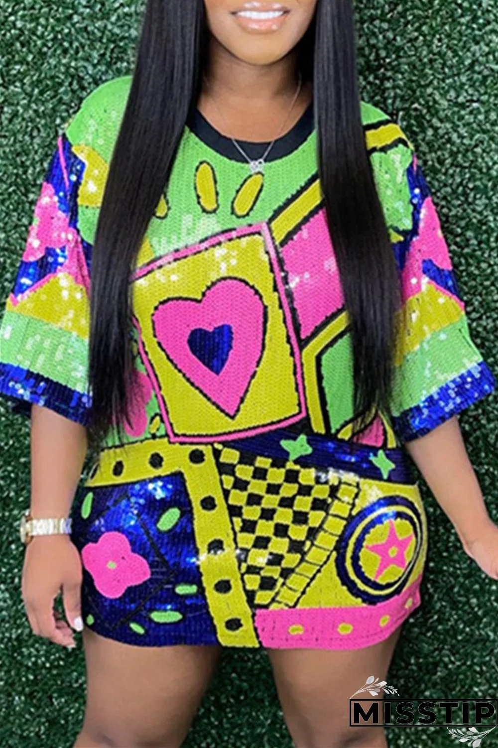 Rose Red Fashion Casual Patchwork Sequins O Neck A Line Dresses