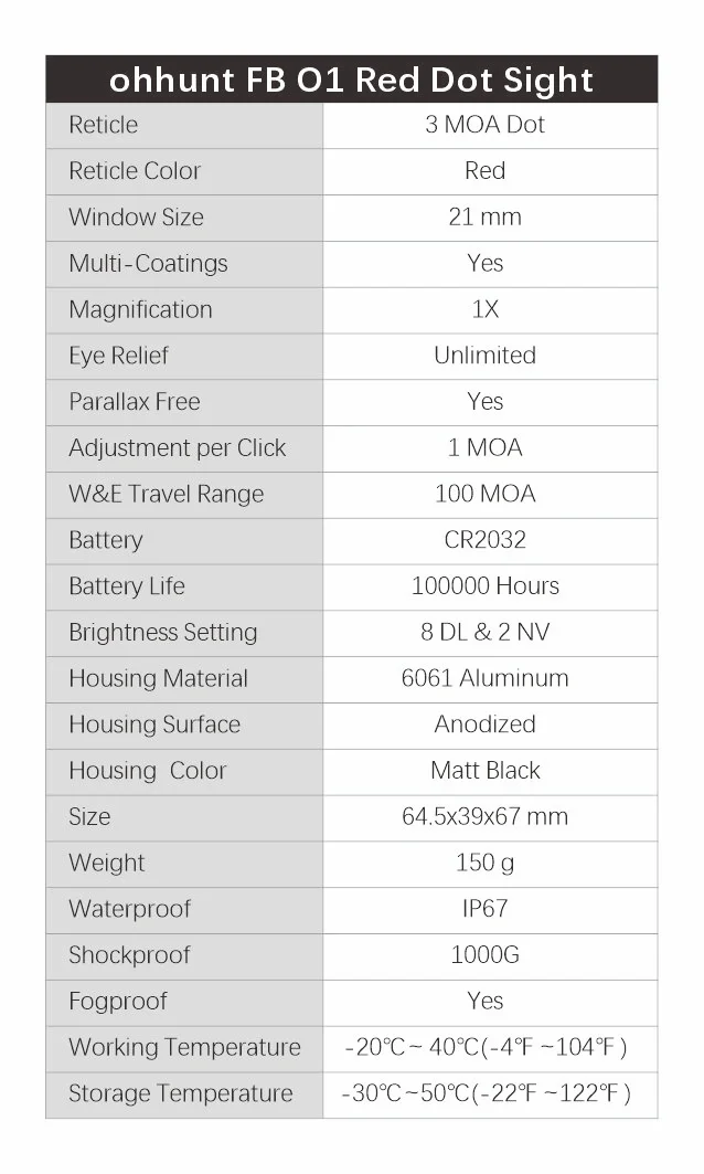ohhunt® Red Dot Sight 1x21mm IPX7 Waterproof 3 MOA Dot Size Anodized Surface Red Dot Sights With Auto On Off Sensed