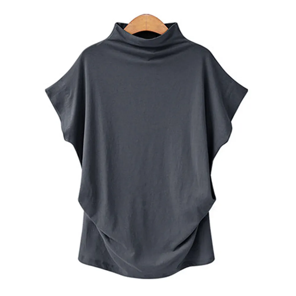 Brownm Commute Large Size Women's Half Turtleneck Batwing Sleeve Solid Color Polyester Top