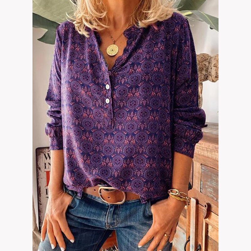 Autumn Retro Printed V-Neck Loose Women's Casual Tops