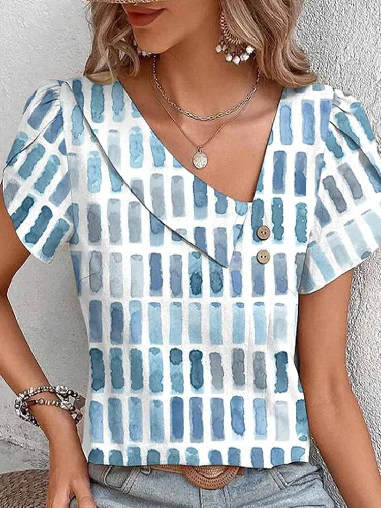 Women's L Neck Short Sleeves Floral Printed Casual Tops