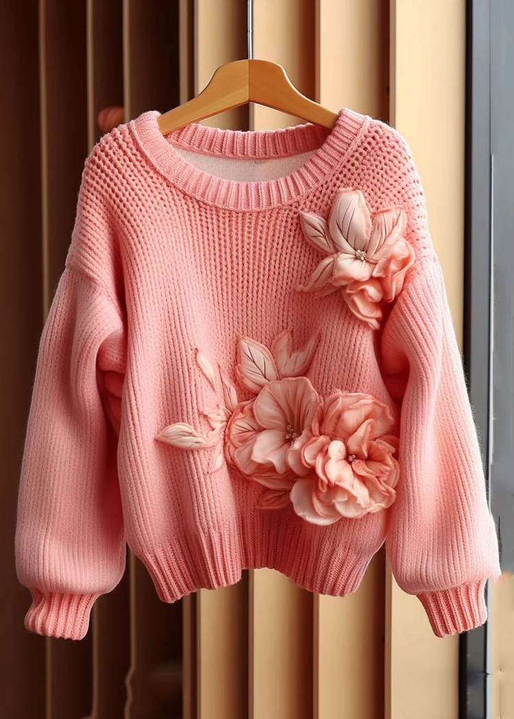 Art Pink Floral Patchwork Cozy Cotton Knit Sweaters Long Sleeve