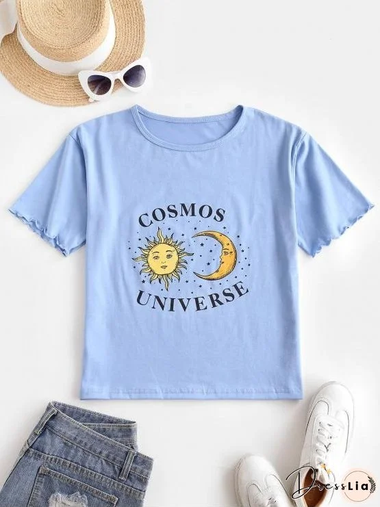 Sun Moon Star Lettuce Cuffs T-shirt for Women