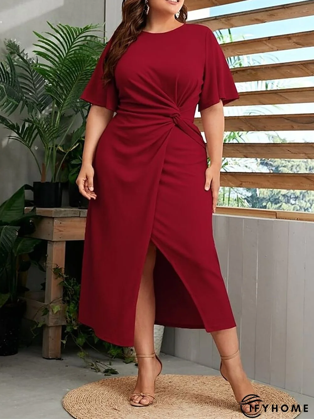 Women's Plus Size Casual Dress Sheath Dress Solid Color Long Dress Maxi Dress Short Sleeve Ruched Split Crew Neck Fashion Outdoor Red Spring Summer L XL XXL 3XL 4XL | IFYHOME