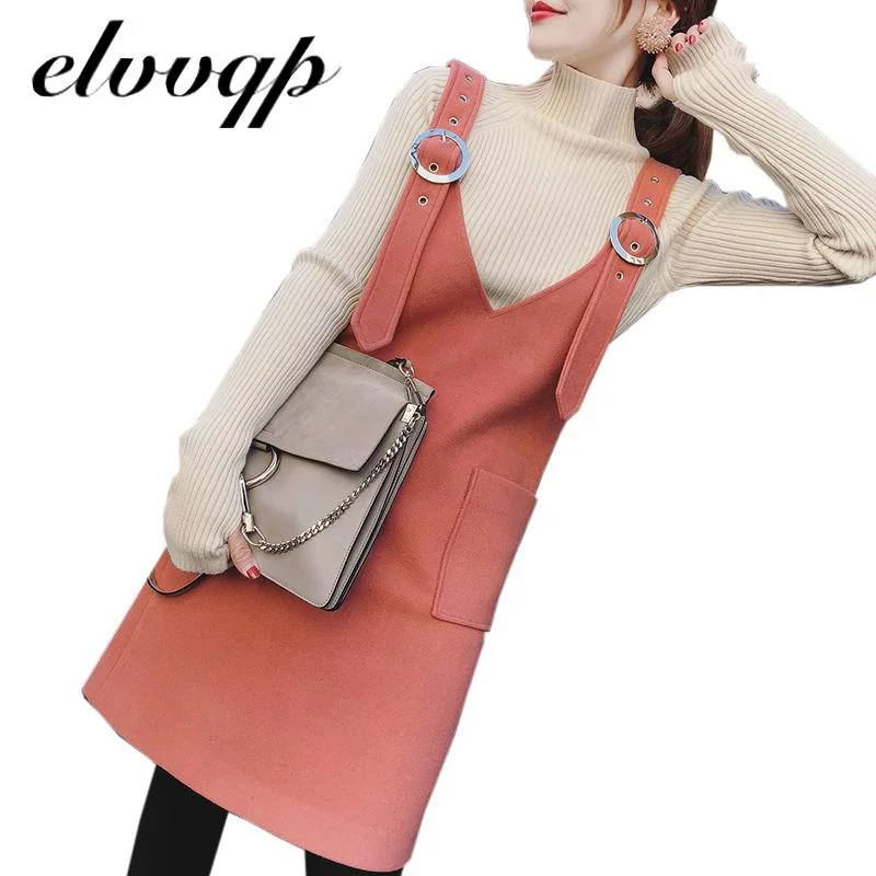 Women Vest Dress V-neck Strap Dress Autumn Winter Elegant Sleeveless Solid  Dress Female Fashion Casual Woolen Dresses Vestidos