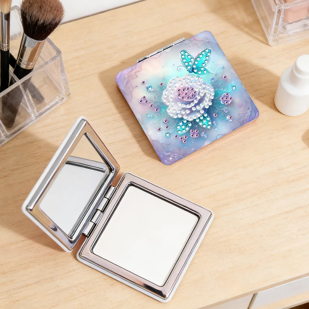 White Flower DIY Special Shaped Diamond Painting Compact Mirror Kits Diamond Art Painting Pocket Mirror for Beginners Adults Art Craft Woman Gifts