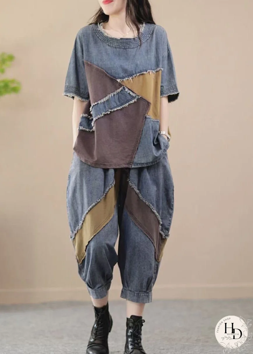 Plus Size Blue O Neck Patchwork Denim 2 Piece Outfit Summer