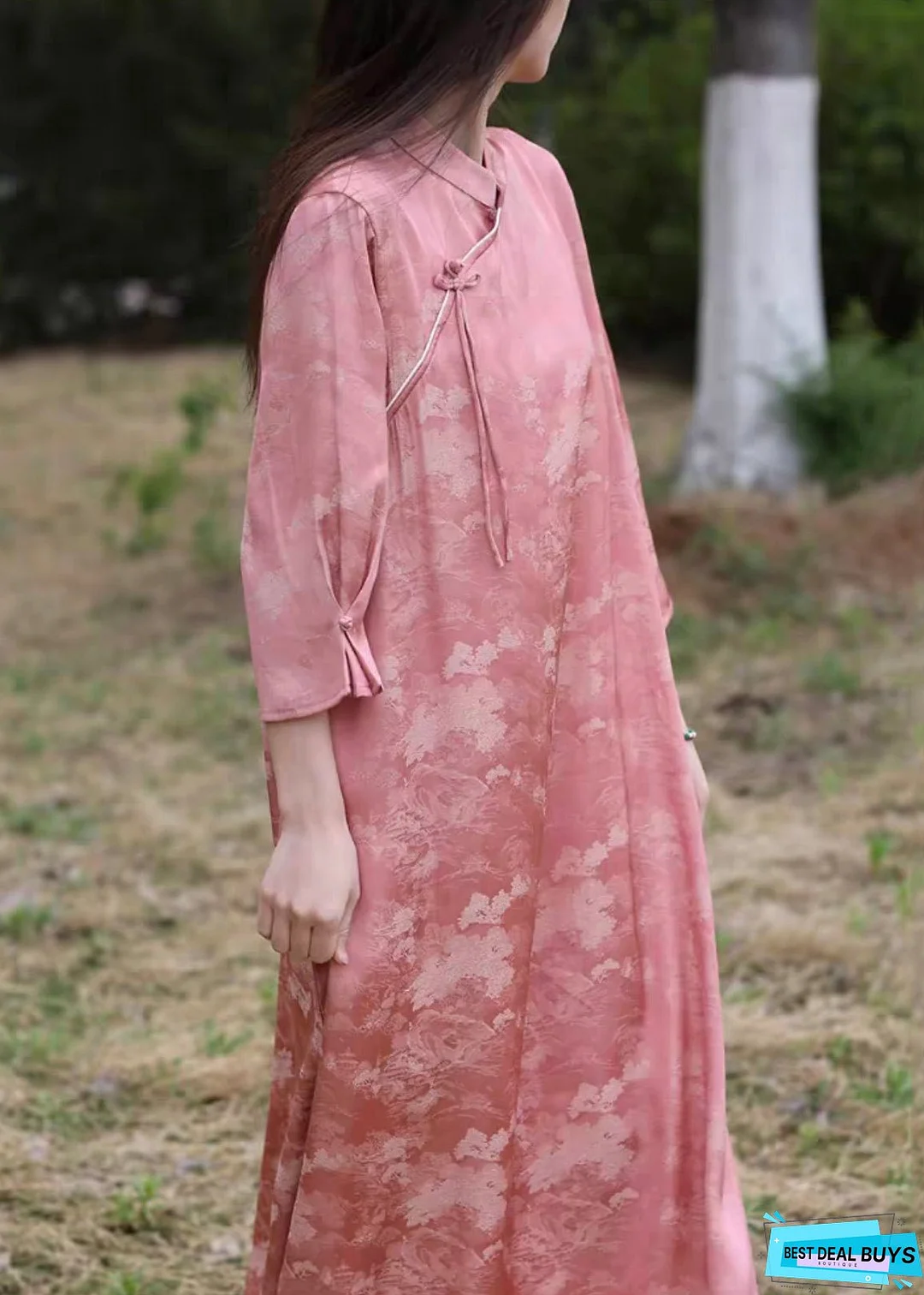 New Pink Stand Collar Chinese Button Silk Cotton Long Dress Bracelet Sleeve