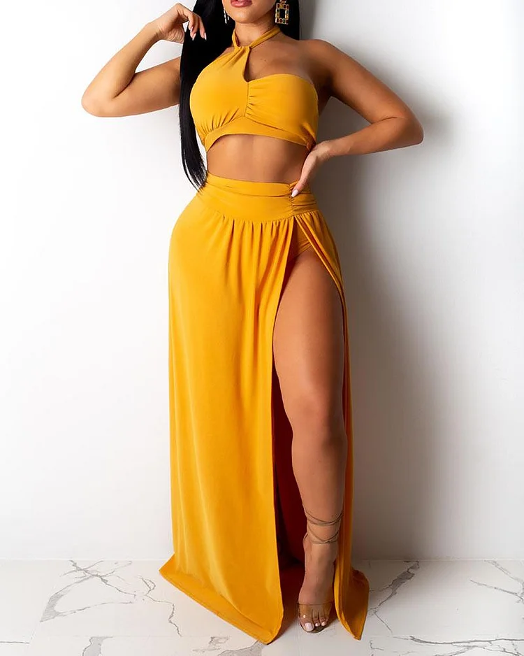 Two-piece Solid Color Wrap Chest Slit Long Skirt Two-piece Suit