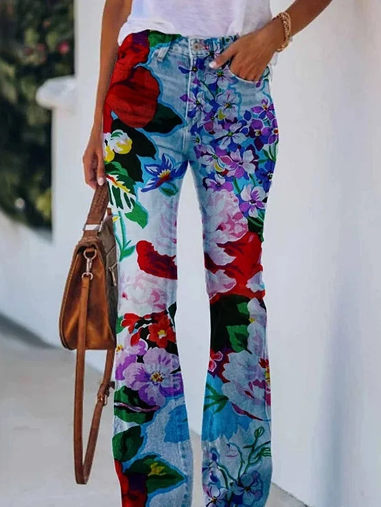 Daily Floral Graphic High Waisted Pocket Flared Pants