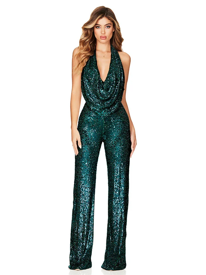 Women's Jumpsuit Solid Color V Neck Sexy Party Going out Slim Sleeveless Champagne Gold Silver white Green S M L Spring | 168DEAL