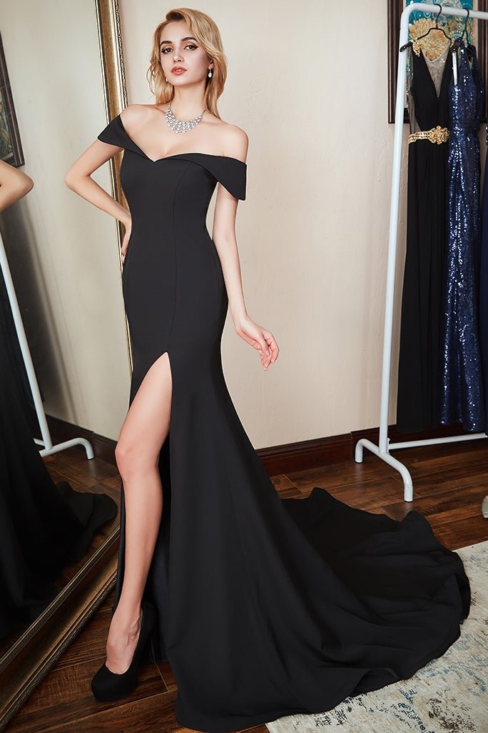 Daisda Off-the-Shoulder Mermaid Prom Dress Black With Slit Daisda
