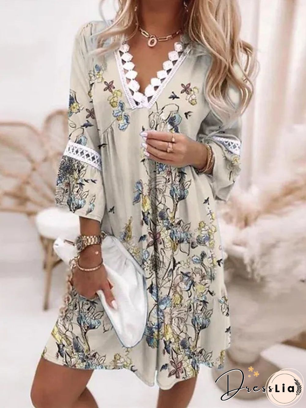 Casual Print Split Joint V Neck Straight Dresses(6 Colors)