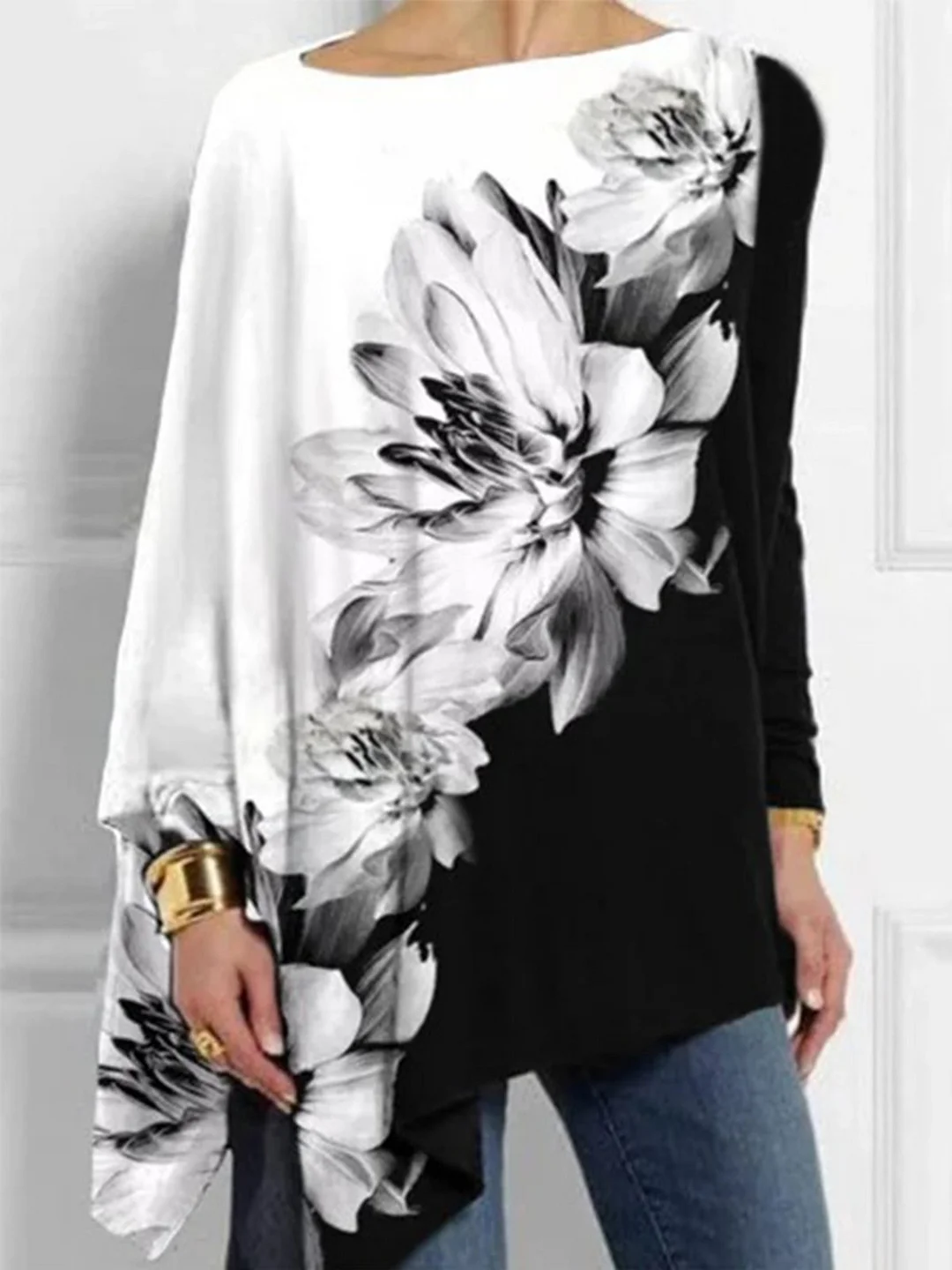 Vintage Color Block Floral Printed Long Sleeves Crew Neck Plus Size Casual Tops
