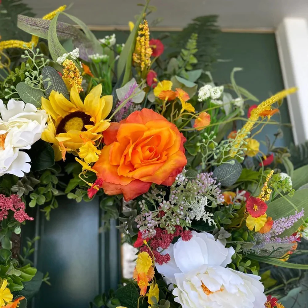 Berry Rattan Circle Simulation Sunflower Wreath Ornament for Thanksgiving