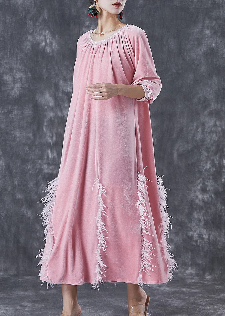 DIY Pink Tasseled Silk Velour Vacation Dresses Fall