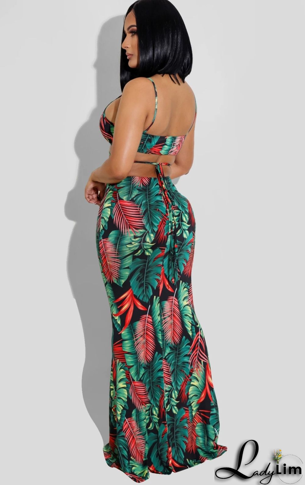 Summer Sexy Floral Green Hollow Out Halter Strap Mermaid Long Dress