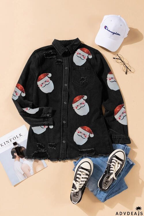 Santa Sequin Snap Down Raw Hem Jacket